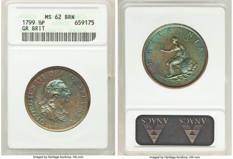 George III 1/2 Penny 1799-SOHO MS62 Brown ANACS, Soho mint, KM647, S-3778. Blue,...