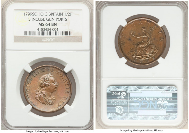 George III Pair of Certified 1/2 Pennies NGC, 1) 1/2 Penny 1799-SOHO - MS64 Brow...