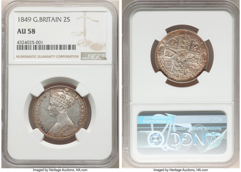 Victoria "Godless" Florin 1849 AU58 NGC, KM745, S-3890. One year type. 

HID09...