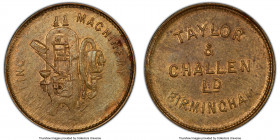 Birmingham brass "Taylor & Challen Minting Machinery" Token ND MS62 PCGS, 19.5mm. MINTING MACHINERY machine / TAYLOR / & / CHALLEN / LD / BIRMINGHAM i...