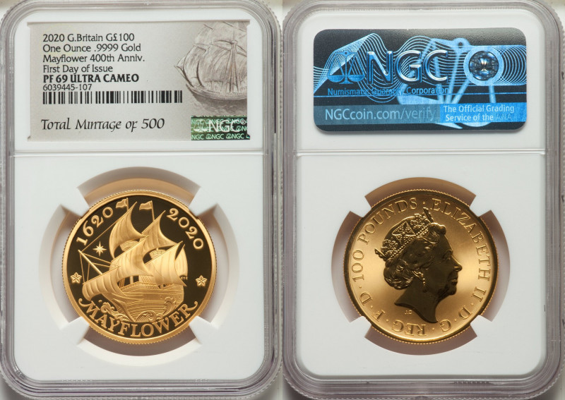 Elizabeth II gold Proof "Mayflower 400th Anniversary" 100 Pounds (1 oz) 2020 PR6...