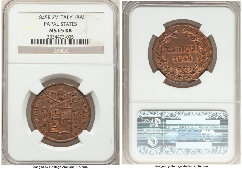 Papal States. Gregory XVI Baiocchi Anno XV (1845)-R MS65 Red and Brown NGC, Rome...