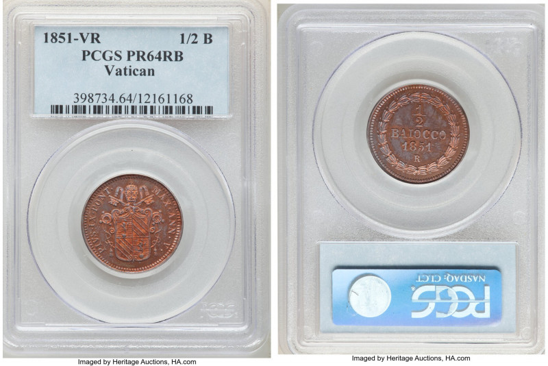 Papal States. Pius IX Mezzo (1/2) Baiocchi Anno V (1851)-R PR64 Red and Brown PC...