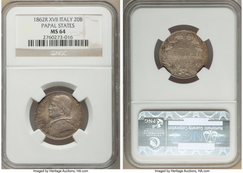 Papal States. Pius IX 20 Baiocchi Anno XVII (1862)-R MS64 NGC, Rome mint, KM1360...