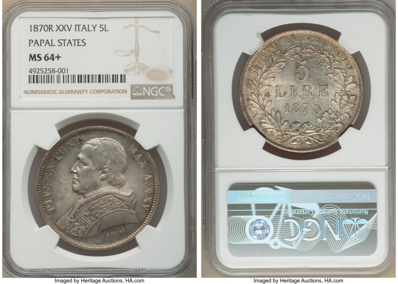Papal States. Pius IX 5 Lire Anno XXV (1870)-R MS64+ NGC, Rome mint, KM1385. Gol...