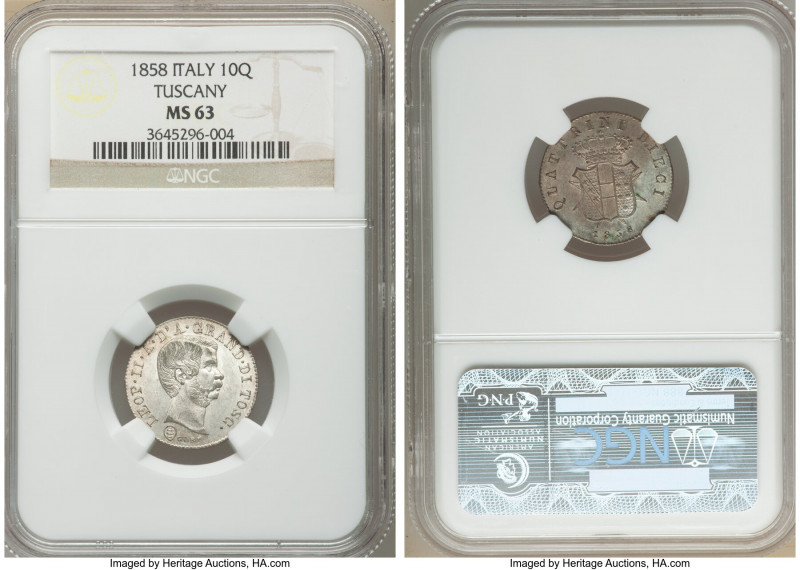 Tuscany. Leopold II 10 Quattrini 1858 MS63 NGC, KM-C67. Bold portrait, Rose and ...