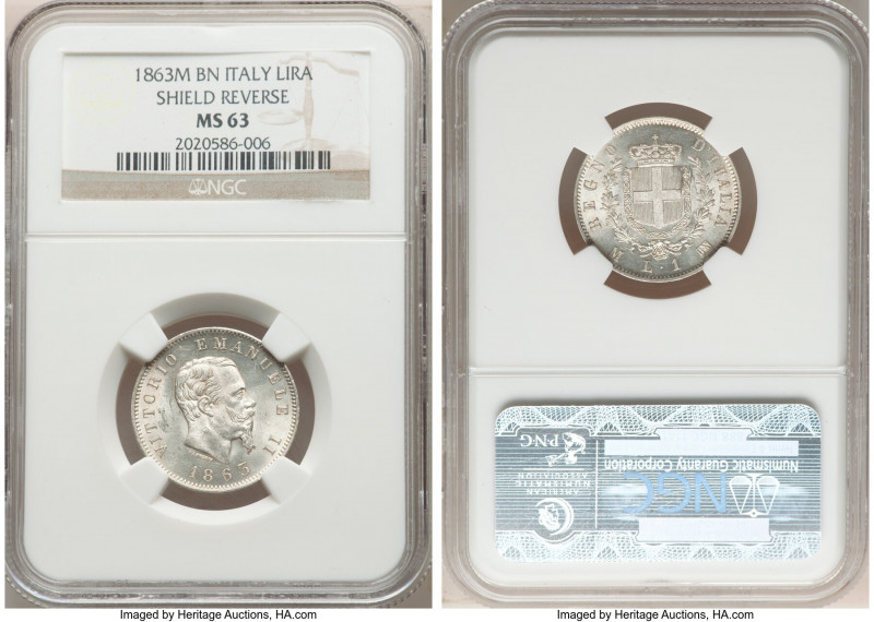 Vittorio Emanuele II Lira 1863 M-BN MS63 NGC, Milan mint, KM5a.1. Shield reverse...