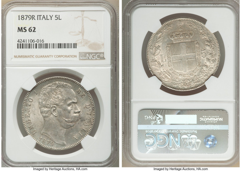 Umberto I 5 Lire 1879-R MS62 NGC, Rome mint, KM20. Two year type. 

HID0980124...