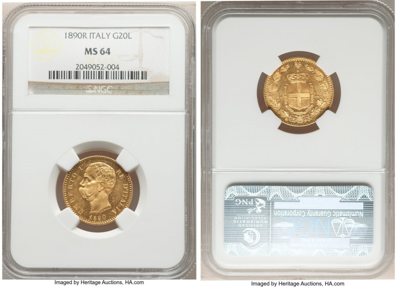 Umberto I gold 20 Lire 1890-R MS64 NGC, Rome mint, KM21. Semi-Prooflike fields. ...