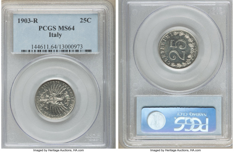 Vittorio Emanuele III 25 Centesimi 1903-R MS64 PCGS, Rome mint, KM36.

HID0980...