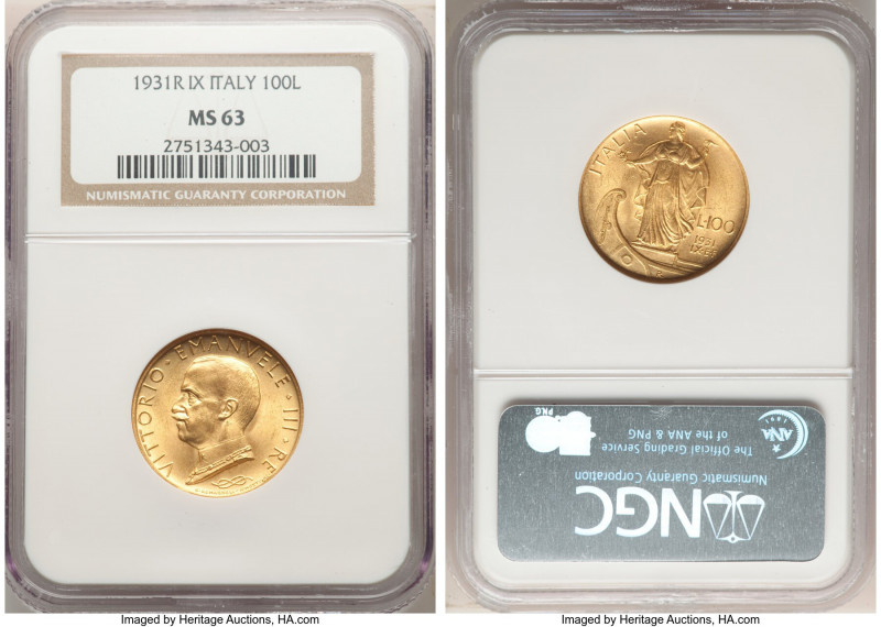 Vittorio Emanuele III gold 100 Lire Anno IX (1931)-R MS63 NGC, Rome mint, KM72. ...