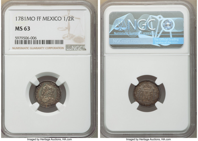 Charles III 1/2 Real 1781 Mo-FF MS63 NGC, Mexico City mint, KM69.2. Multi-colore...