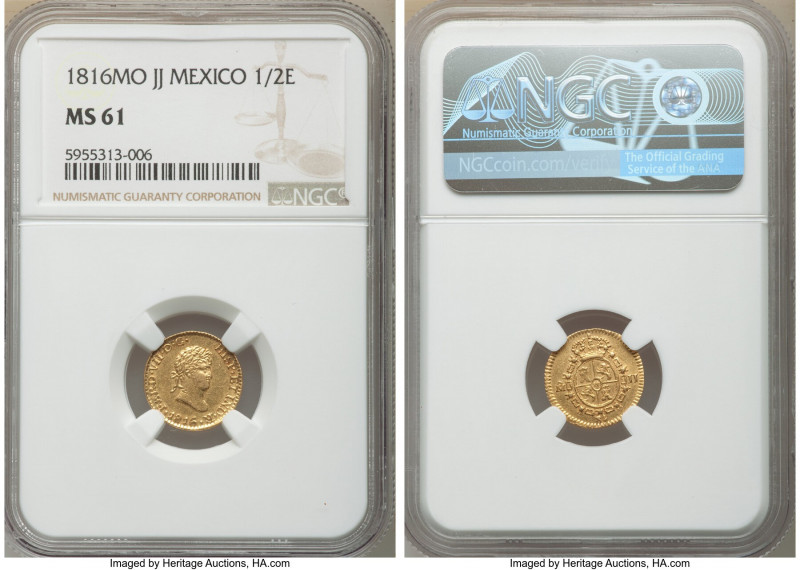 Ferdinand VII gold 1/2 Escudo 1816 Mo-JJ MS61 NGC, Mexico City mint, KM112. 

...