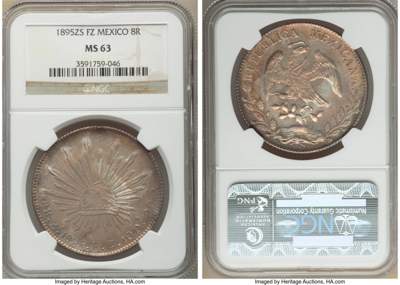 Republic 8 Reales 1895 Zs-FZ MS63 NGC, Zacatecas mint, KM377.13, DP-Zs81. Rose-g...