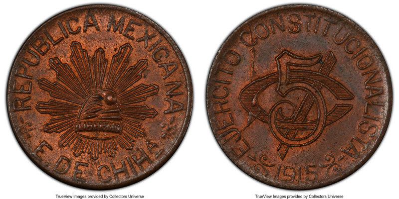 Pair of Certified Assorted Issues PCGS, 1) Chihuahua. Revolutionary 5 Centavos 1...