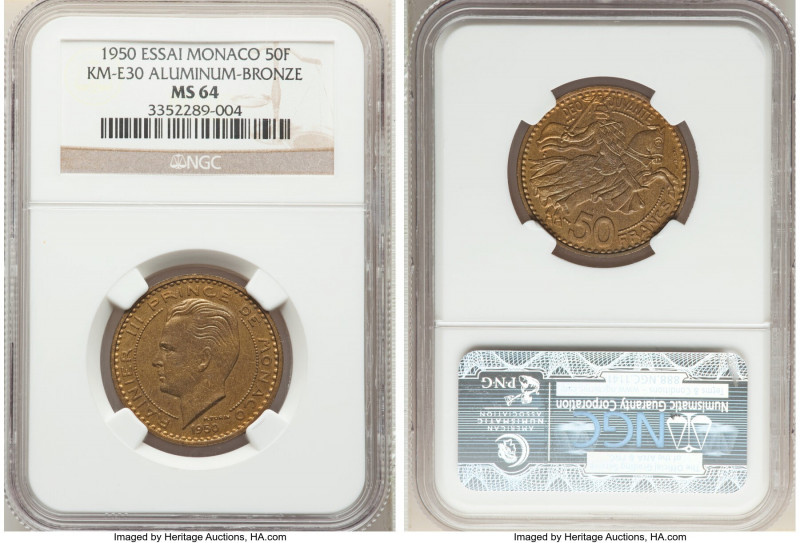 Rainier III aluminum-bronze Essai 50 Francs 1950-(a) MS64 NGC, Paris mint, KM-E3...