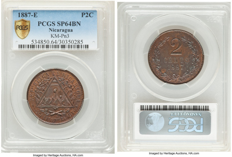 Republic copper Specimen Pattern 2 Centavos 1887-E SP64 Brown PCGS, KM-Pn3. Cord...