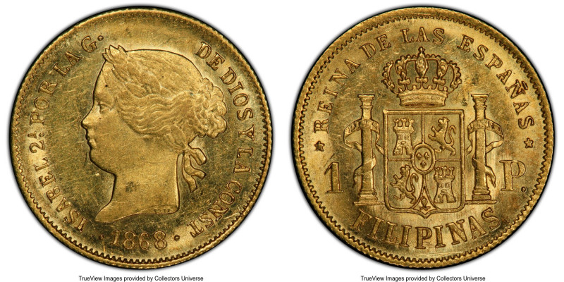 Spanish Colony. Isabel II gold Peso 1868 MS62 PCGS, Manila mint, KM142. Embellis...