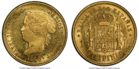 Spanish Colony. Isabel II gold Peso 1868 MS62 PCGS, Manila mint, KM142. Embellished with reflective luster and a corn silk patina. 

HID09801242017...
