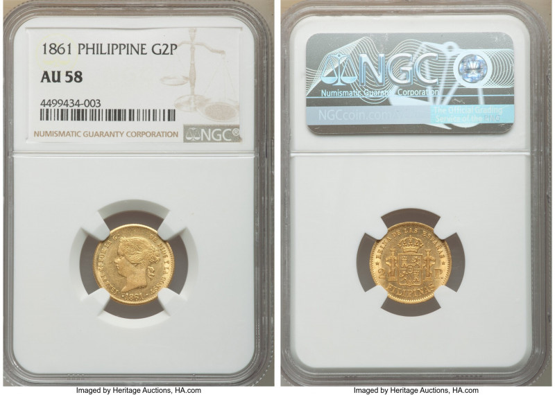 Spanish Colony. Isabel II gold 2 Pesos 1861 AU58 NGC, Manila mint, KM143.

HID...