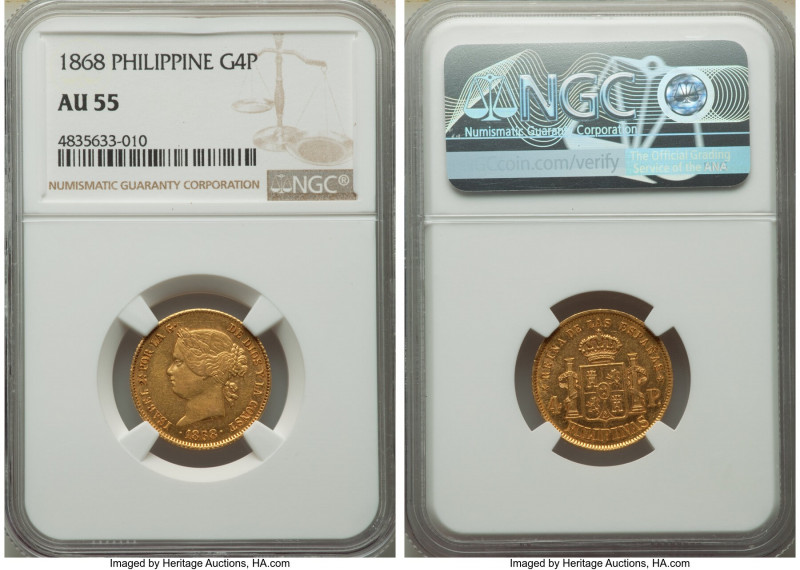 Spanish Colony. Isabel II gold 4 Pesos 1868 AU55 NGC, Manila mint, KM144. 

HI...
