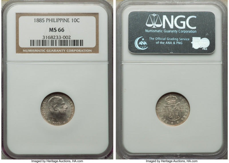 Spanish Colony. Alfonso XII 10 Centimos 1885 MS66 NGC, Manila mint, KM148. Lustr...