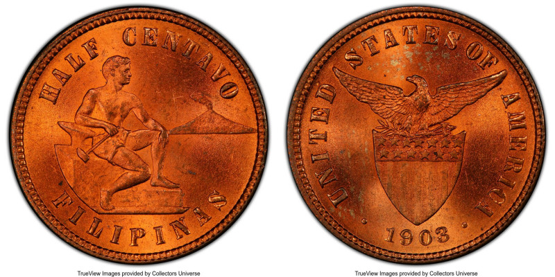 USA Administration 1/2 Centavo 1903 MS66 Red PCGS, Philippines mint, KM162. Whir...