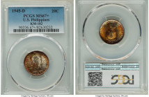USA Administration 20 Centavos 1945-D MS67+ PCGS, Denver mint, KM182. Toned with bright vivid colors and revealing underlying luster. 

HID098012420...
