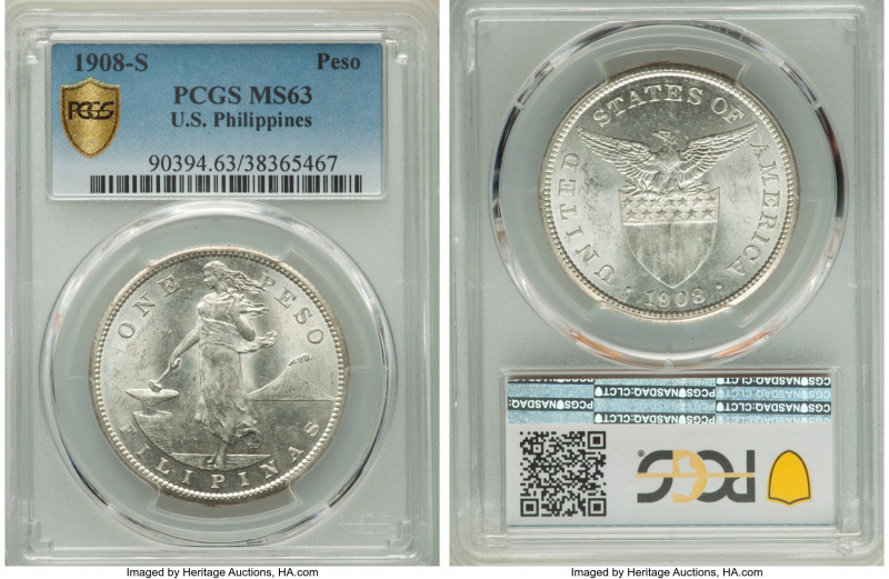 USA Administration Peso 1908-S MS63 PCGS, San Francisco mint, KM172. Untoned and...