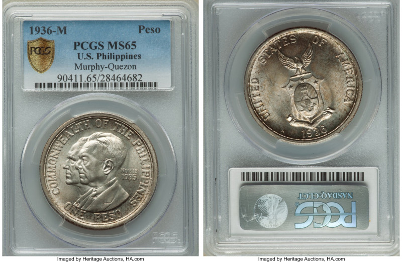 USA Administration Peso 1936-M MS65 PCGS, Manila mint, KM178. One year type. Mur...