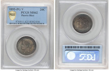 Spanish Colony. Alfonso XIII 20 Centavos 1895-PGV MS62 PCGS, Madrid mint, KM22. Slate gray toning with teal and apricot accents. 

HID09801242017
...