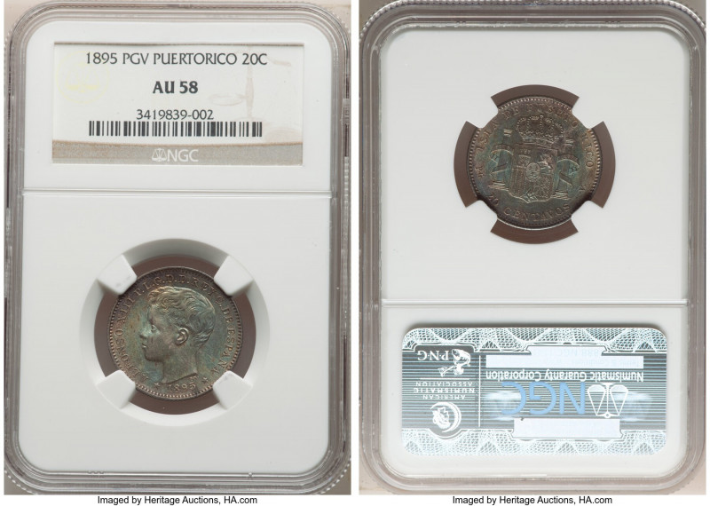 Spanish Colony. Alfonso XIII 20 Centavos 1895-PGV AU58 NGC, Madrid mint, KM22. L...
