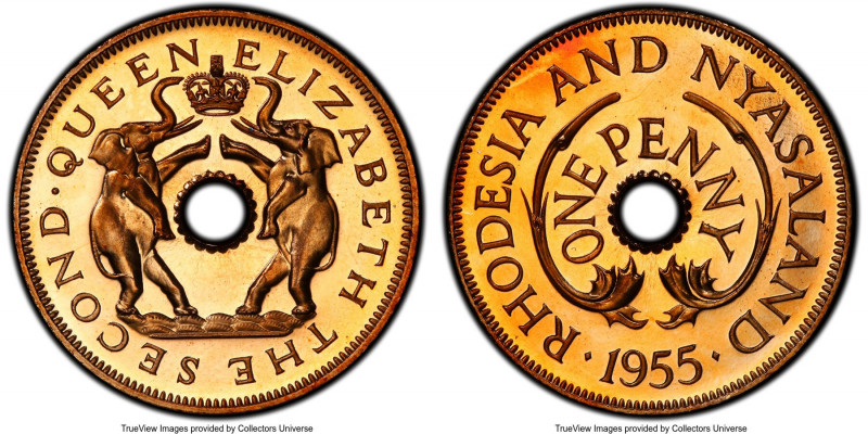 British Colony. Elizabeth II Proof Penny 1955 PR67 Red PCGS, British Royal mint,...