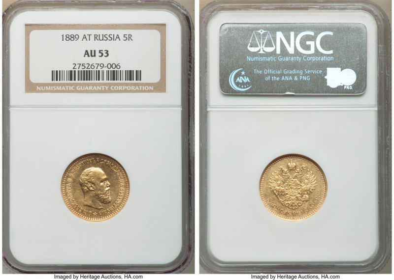 Alexander III gold 5 Roubles 1889-AΓ AU53 NGC, St. Petersburg mint, KM-Y42, Fr-1...