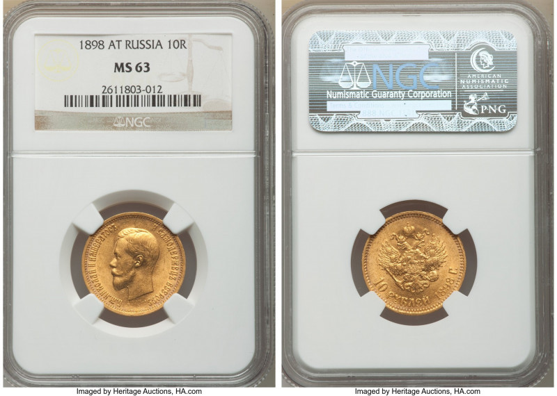 Nicholas II gold 10 Roubles 1898-AГ MS63 NGC, St. Petersburg mint, KM-Y64. First...