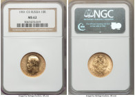 Nicholas II gold 10 Roubles 1901-ФЗ MS62 NGC, St. Petersburg mint, KM-Y64. Conservatively graded, Lustrous and Semi-Prooflike. AGW 0.2489 oz. 

HID0...