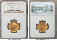 Nicholas II gold 10 Roubles 1909-ЭБ AU55 NGC, St. Petersburg mint, KM-Y64. Muted luster with orange toning. One of the lower mintage years in series. ...