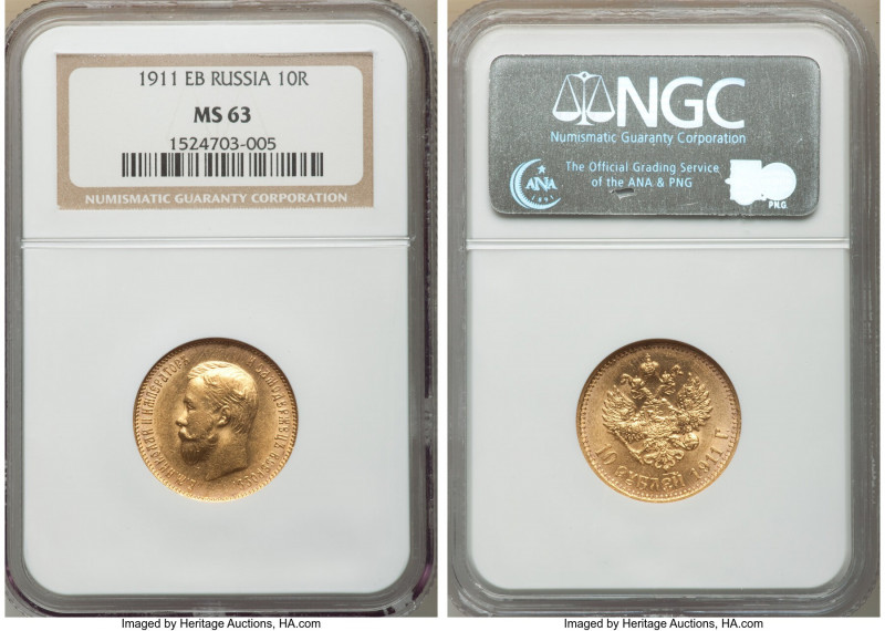 Nicholas II gold 10 Roubles 1911-ЭБ MS63 NGC, St. Petersburg mint, KM-Y64. Last ...