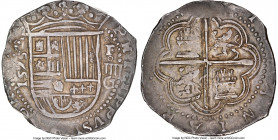 Philip II Cob 4 Reales 1595 Fo-G AU55 NGC, Granada mint. Cay-3867. 13.71gm. Well centered and virtually complete details with nice old cabinet toning....