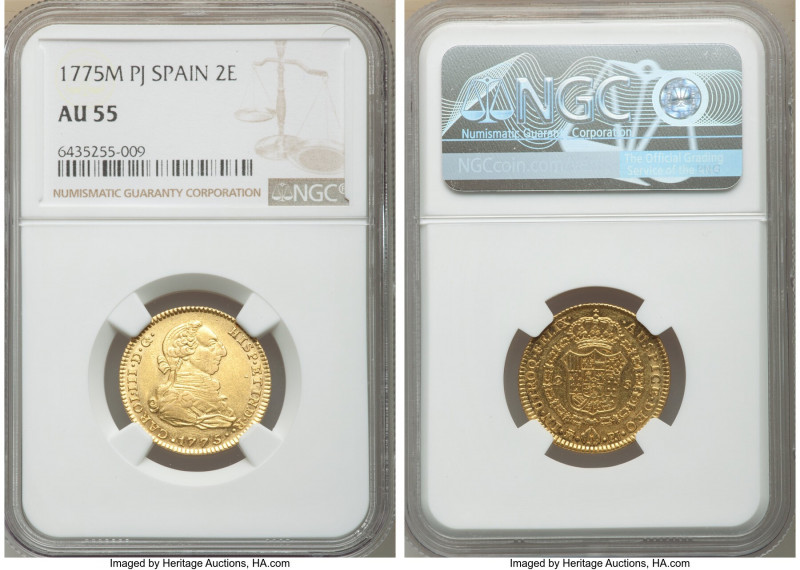 Charles III gold 2 Escudos 1775 M-PJ AU55 NGC, Madrid mint, KM417.1. Semi-Proofl...