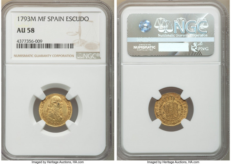 Charles IV gold Escudo 1793 M-MF AU58 NGC, Madrid mint, KM434. Full bold strike,...