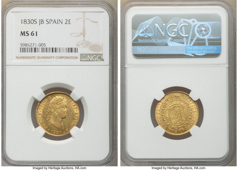 Ferdinand VII gold 2 Escudos 1830 S-JB MS61 NGC, Seville mint, KM483.2. Conserva...