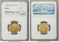 Ferdinand VII gold 2 Escudos 1830 S-JB MS61 NGC, Seville mint, KM483.2. Conservatively graded, lustrous and nicely struck. 

HID09801242017

© 202...