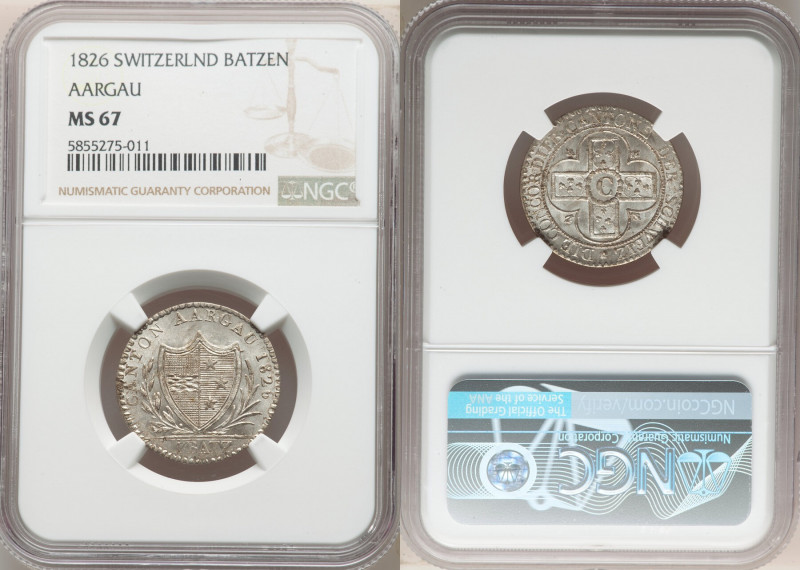 Aargau. Canton Batzen 1826 MS67 NGC, KM21. Satin cartwheel luster, light khaki t...