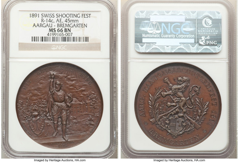 Confederation bronze "Aargau - Bremgarten Shooting Festival" Medal 1891 MS66 Bro...