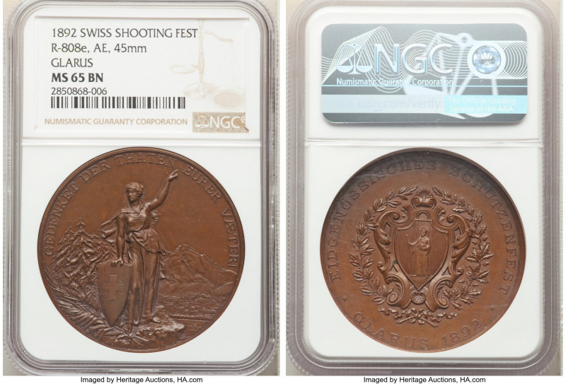 Confederation bronze "Glarus Shooting Festival" Medal 1892 MS65 Brown NGC, Richt...