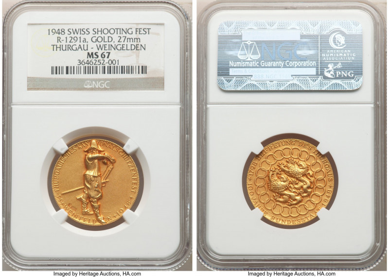 Confederation gold "Thurgau - Weinfelden Shooting Festival" Medal 1948 MS67 NGC,...