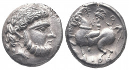 Eastern Europe. Dacian Plain. Third century BC. AR tetradrachm. Baumreiter type. Av.: Laureate and bearded head of Zeus right / Horseman riding left, ...