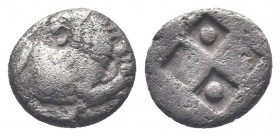Thrace, Thracian Chersonesos, 'Kardia' AR Diobol 1,26gr. Circa 357-320 BC. Forepart of lion to right, head reverted / Quadripartite incuse square with...