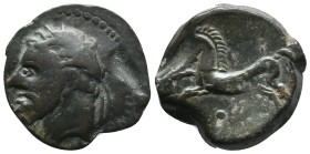 KINGS OF NUMIDIA. Massinissa or Micipsa (203-148 and 148-118 BC, respectively). AE 12,58gr. Obv: Laureate head left. Rev: Horse galloping left; pellet...